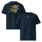 Eye of Horus - Organic Cotton T-Shirt in Navy Blue with egyptian symbol on back and logo in front.