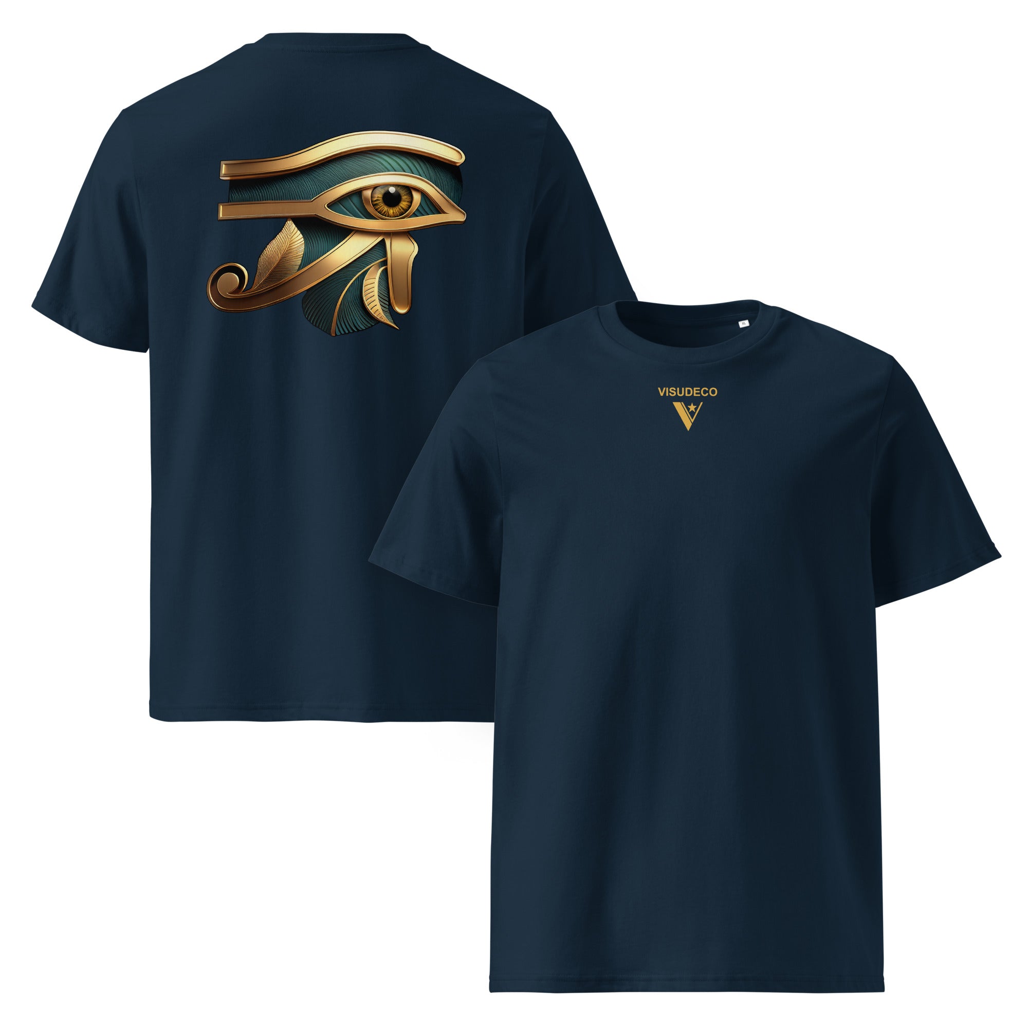 Eye of Horus - Organic Cotton T-Shirt in Navy Blue with egyptian symbol on back and logo in front.