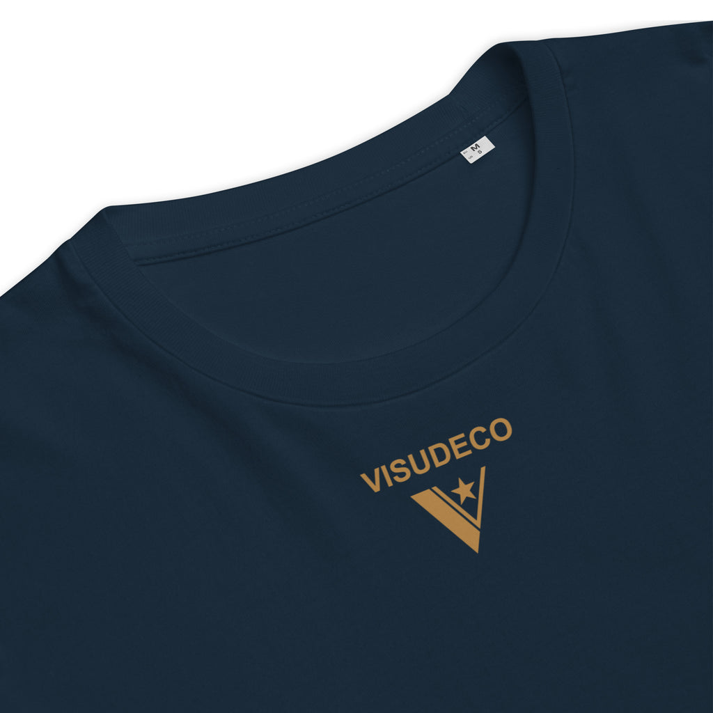 Organic Cotton T-Shirt in Navy Blue close up with logo on the front.