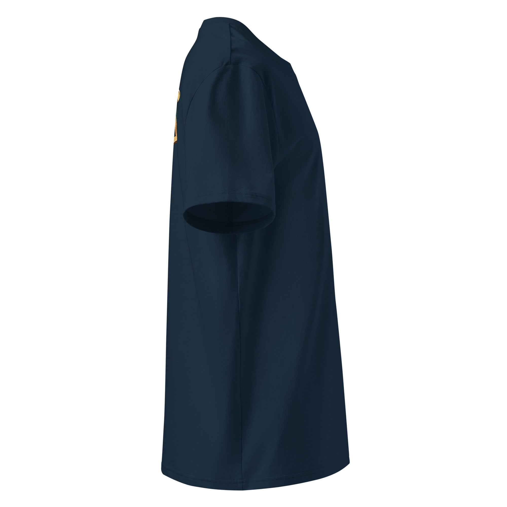 Organic cotton t-shirt in navy blue shown from the right side.