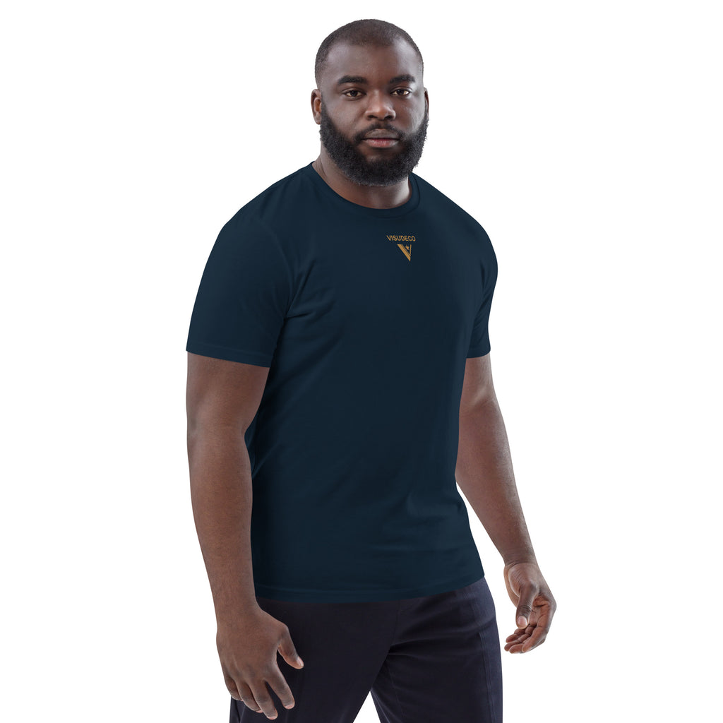 Organic Cotton T-Shirt in Navy Blue on male model with logo printed on the front.