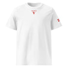 Organic Cotton T-Shirt in White with red visudeco logo printed in front.