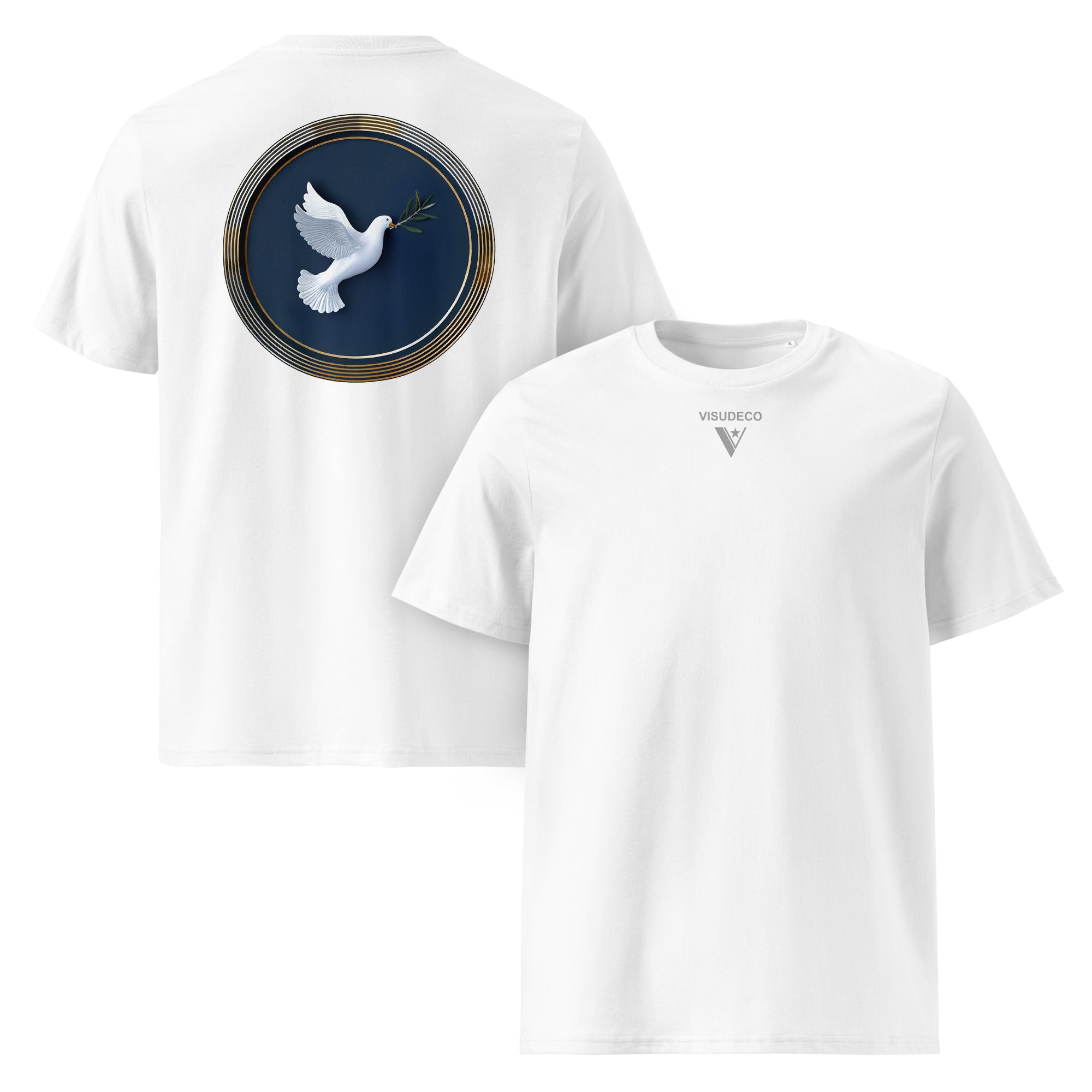 White Dove - Organic Cotton T-Shirt in White with a white dove on the back and logo on the front.