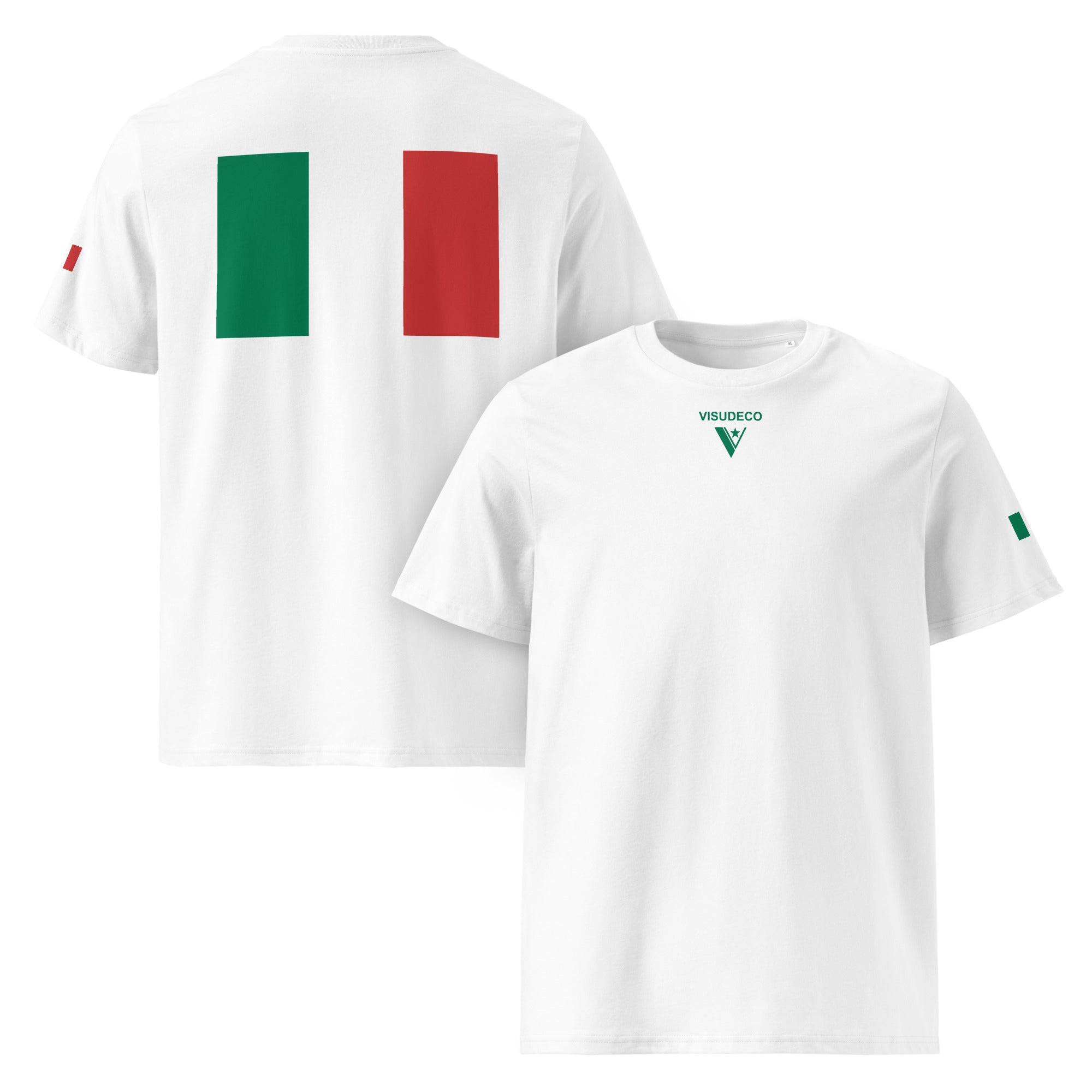 Italian Flag - Organic Cotton T-Shirt in White with flag printed on back and logo in front.