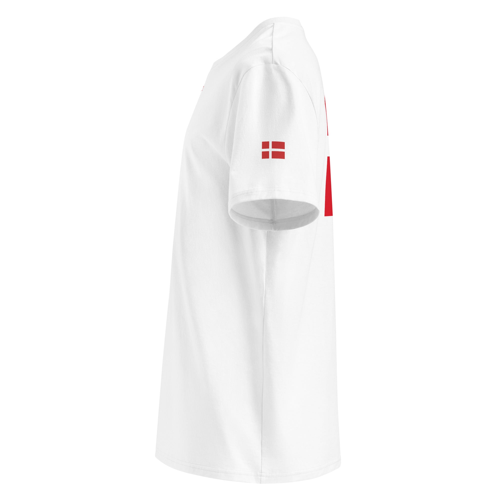 Organic Cotton T-Shirt in White shown from the left side with flag on the left sleeve.