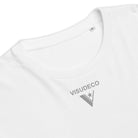 Organic Cotton T-Shirt in white. Close up with visudeco logo on the front.