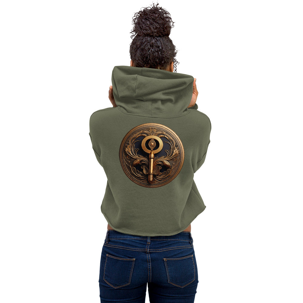 Key of Empathy - Women's Cropped Hoodie in Military Green on female model with a symbol on the back.