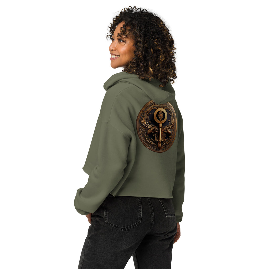 Key of Empathy - Women's Cropped Hoodie in Military Green on female model with a symbol on the back.