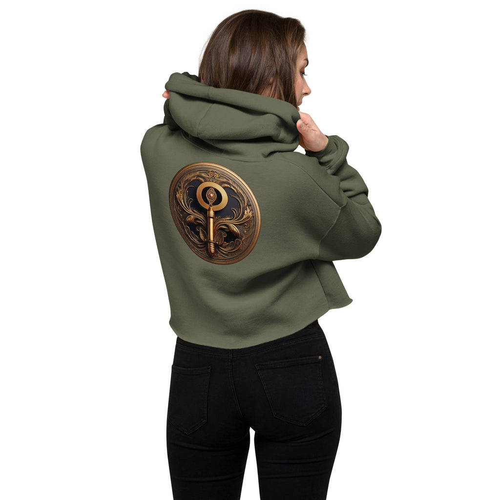 Key of Empathy - Women's Cropped Hoodie in Military Green on female model with a symbol on the back.