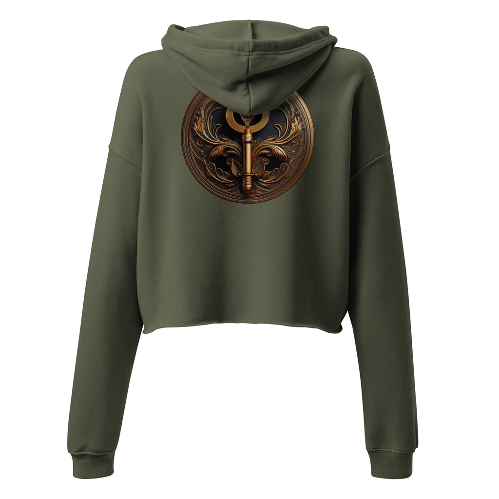 Key of Empathy - Women's Cropped Hoodie in Military Green. Sample with a symbol on the back.