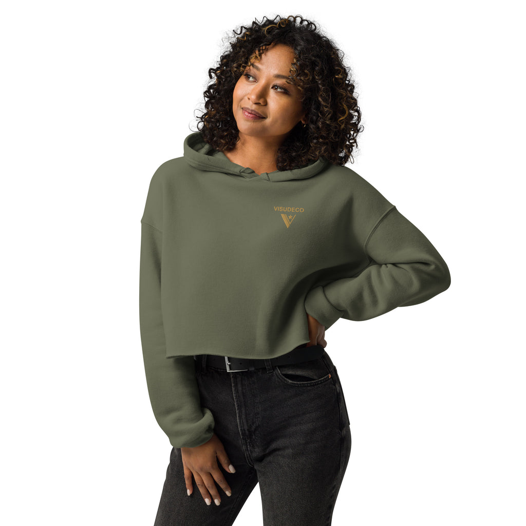 Women's Cropped Hoodie in Military Green on female model with logo embroidered on the front.