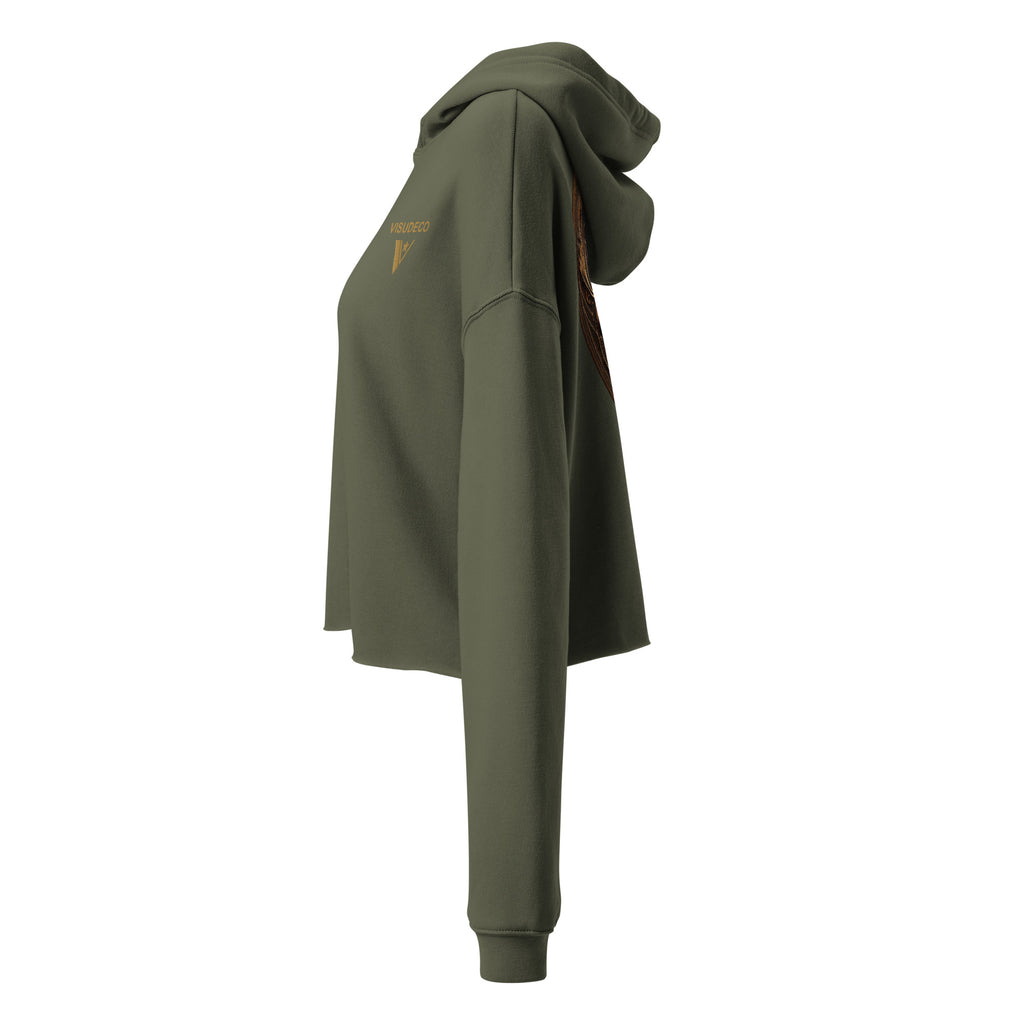 Women's Cropped Hoodie in Military Green. Sample from the left side.