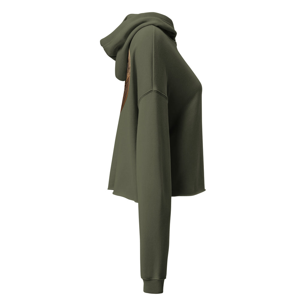 Women's Cropped Hoodie in Military Green. Sample from the right side.
