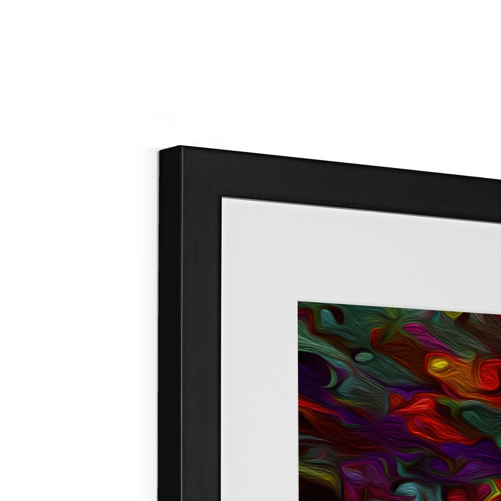Abstract art print titled - Splash - by Mark Wessel at Visudeco. Showing part of black wooden frame.